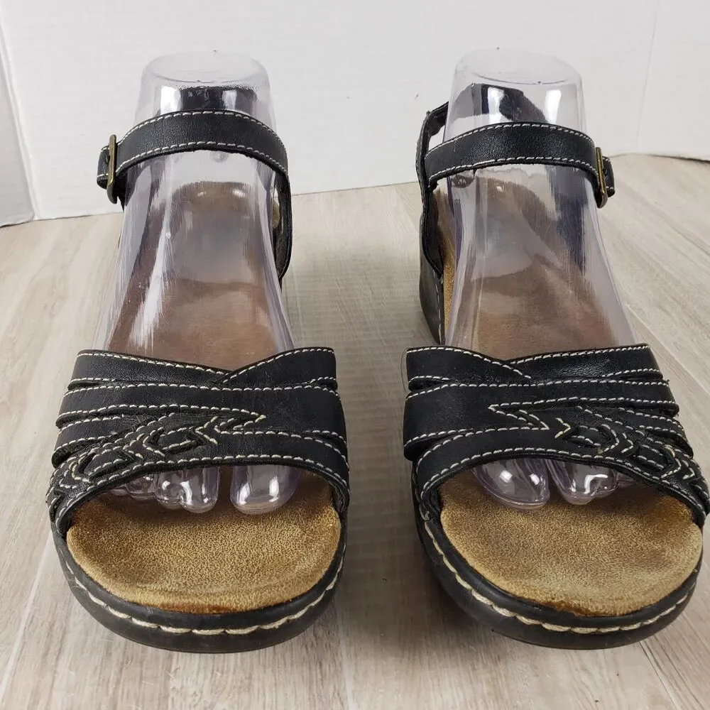 Clarks Bendables Black Leather Sandals Women's 9M Adjustable Medallion